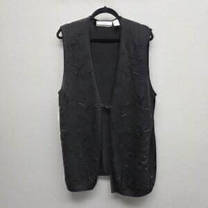 Diana Marco Sweater Vest Womens Large Black Beaded Floral Knit Sleeveless Top